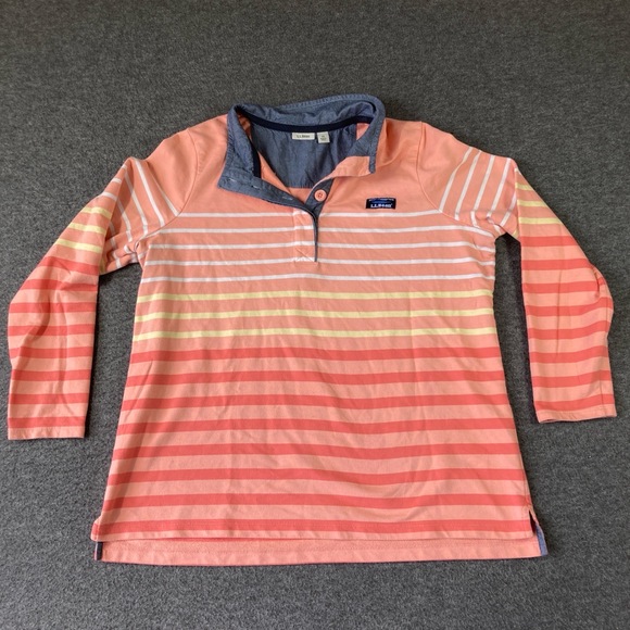 L.L. Bean Shirt Womens 1X Coral Pullover Striped Collared Preppy Henley - Picture 1 of 9